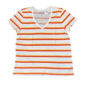 NWT LOFT White/Orange Striped Everyday V-Neck T-Shirt - SIZE MEDIUM